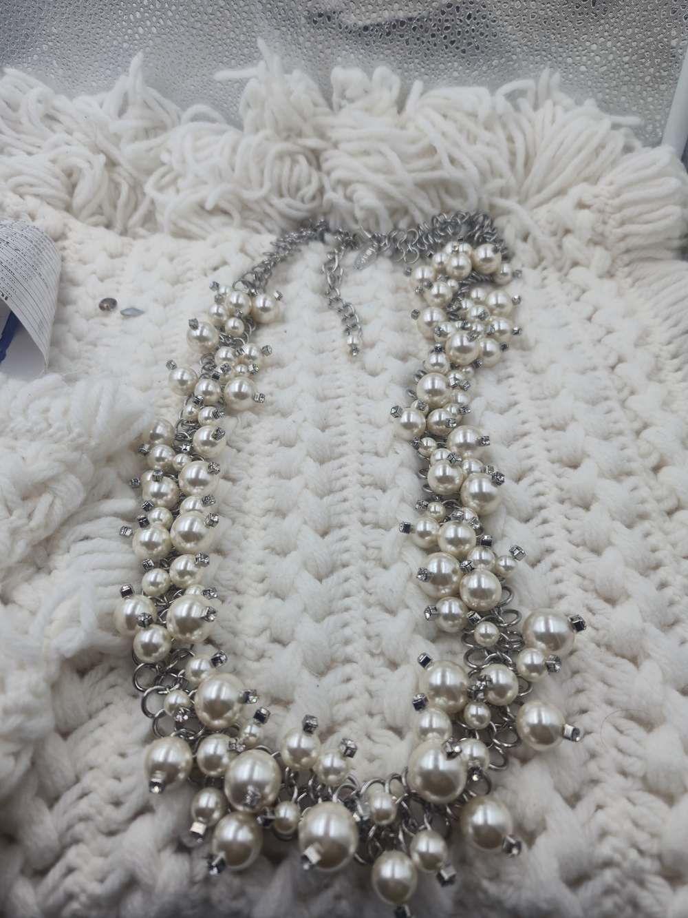 Chico's Ivory Pearl Cluster Necklace with Silver Chain